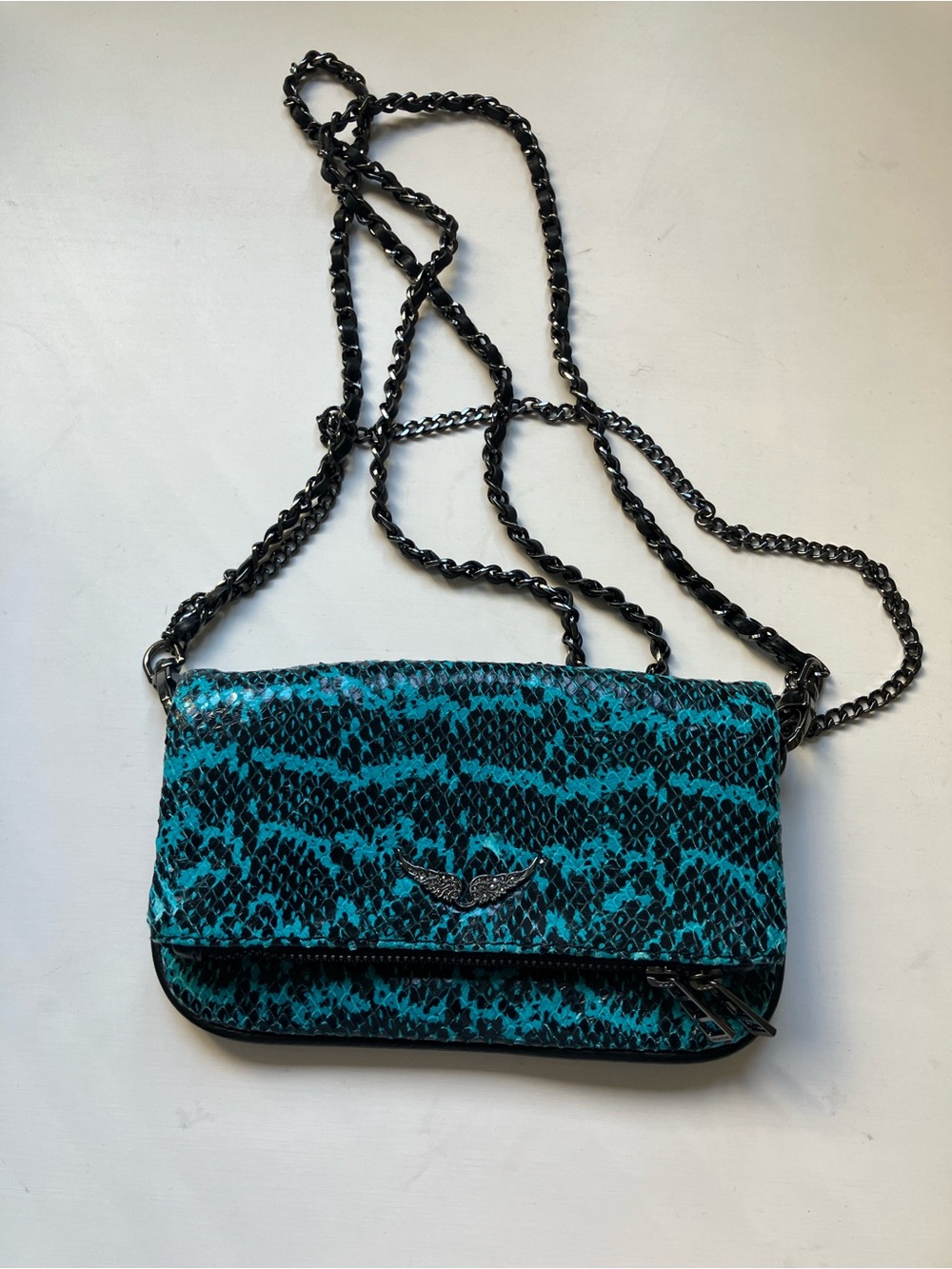 Zadig & Voltaire Turquoise Snake-Print Crossbody with Black Chain